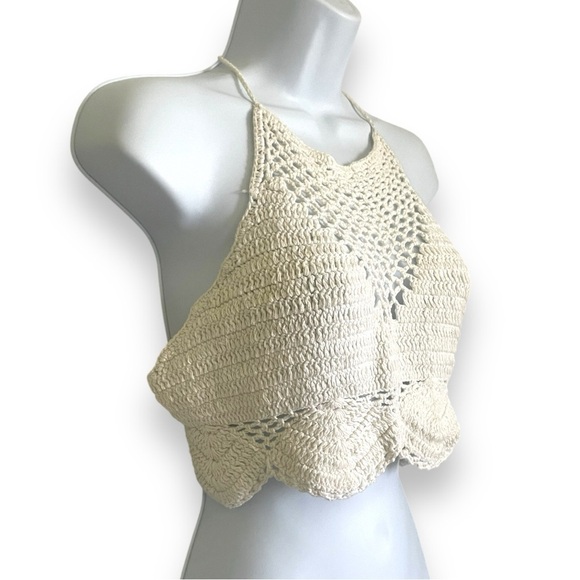 Cotton On Tops - Cotton On XL Cream Crochet Halter Crop Top – Boho Festival Adjustable Tie Back